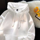 White mens letter print hooded sweatshirt with drawstring hood and front pocket, product photo
