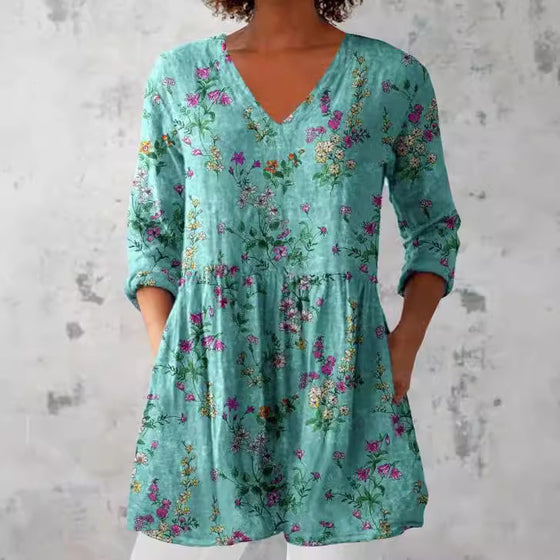 Women's Floral Print V Neck Three Quarter Sleeve Tunic Top