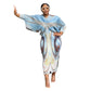 Free size pleated batwing midi dress with bold abstract print on a model, three quarter view