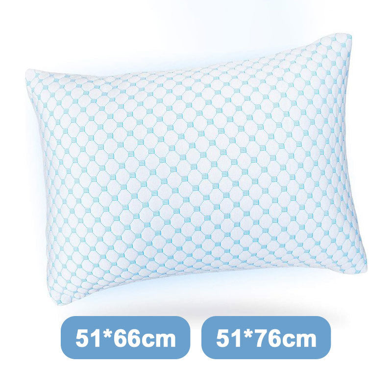 Rectangular memory foam bed pillow with a quilted cooling knit cover angled to show the zip edge