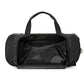 Black travel duffel bag unzipped to show the roomy interior with a smooth lining