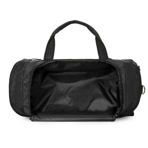 Black travel duffel bag unzipped to show the roomy interior with a smooth lining