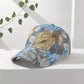 Printed flower baseball cap with a rounded crown and adjustable rear strap