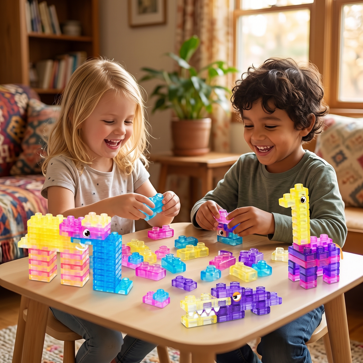 Two children building animals together with translucent jelly blocks