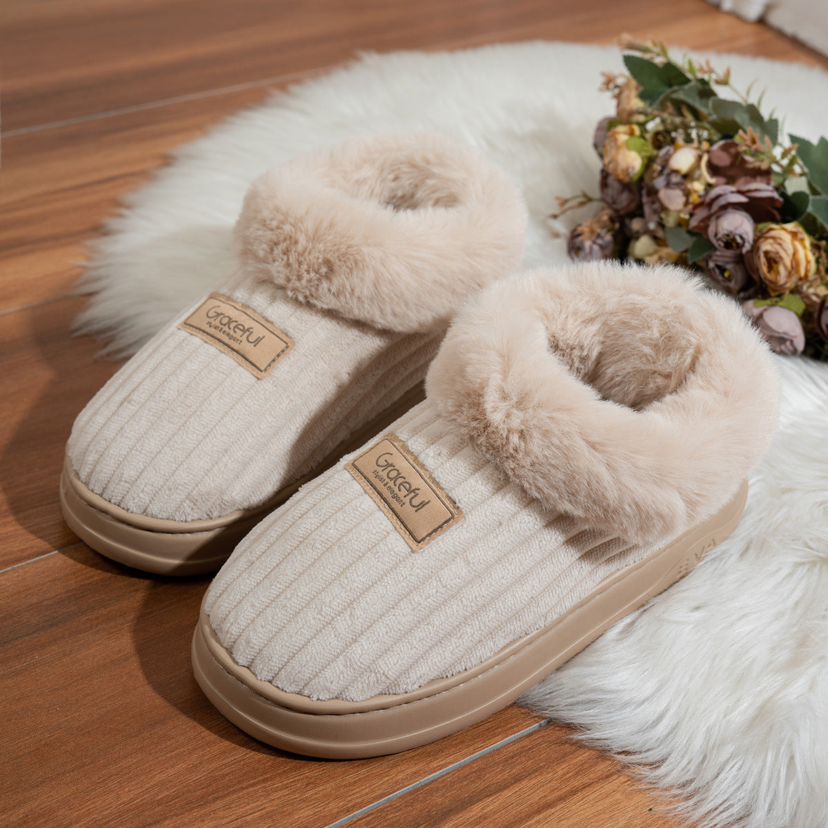 Faux fur trimmed winter slipper with envelope slip on design and thick cushioned base