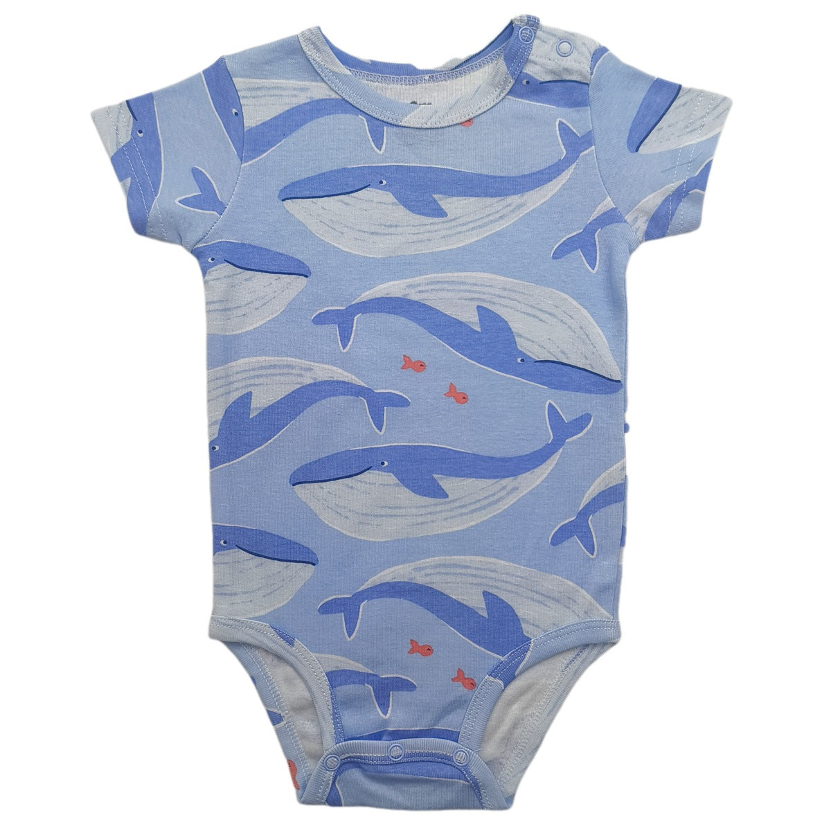 Baby short sleeve cotton bodysuit with a three snap crotch closure shown flat on a plain background
