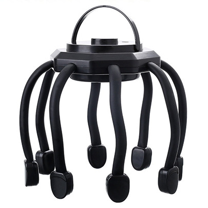 Black octopus style electric scalp massager with eight flexible claws and a top carry loop
