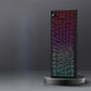 Black Contour option, black keyboard with topographic line keycaps lit in red, purple and cyan on a stand