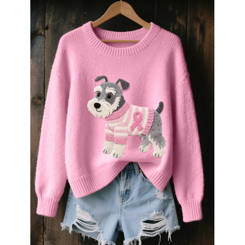 Pink womens 3D print knit look pullover top with a schnauzer motif, product photo