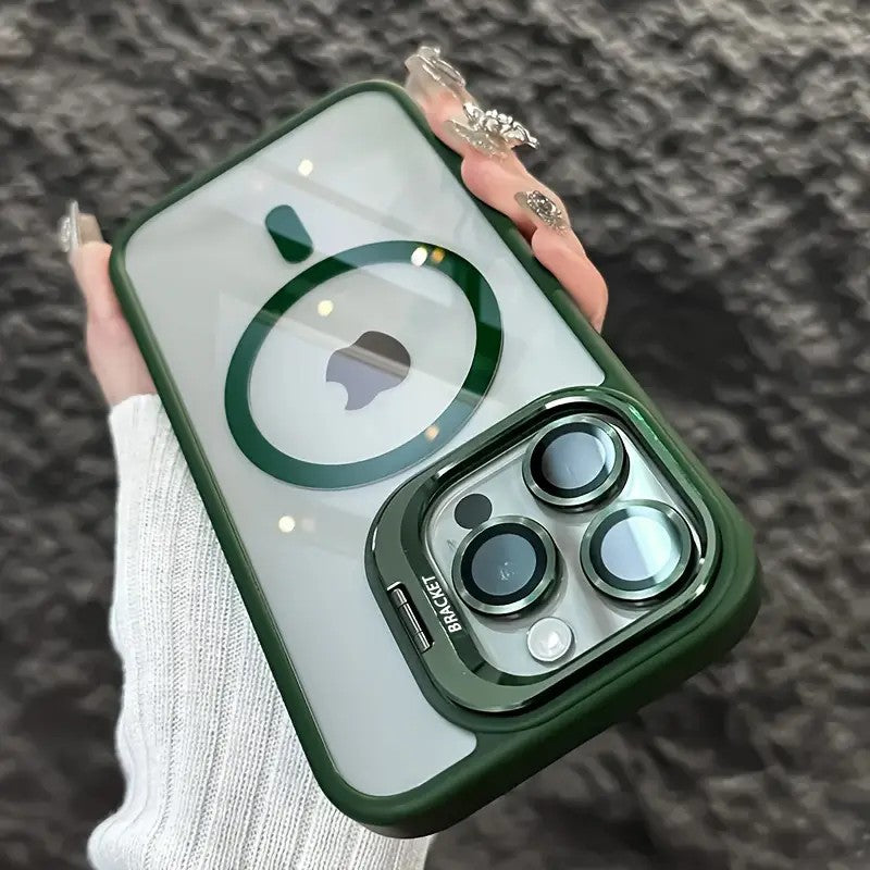 Magnetic protective translucent phone case with a fold out camera stand compatible with iPhone