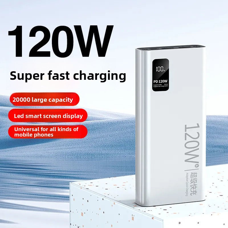 Black rectangular power bank with rounded edges and a small charge display