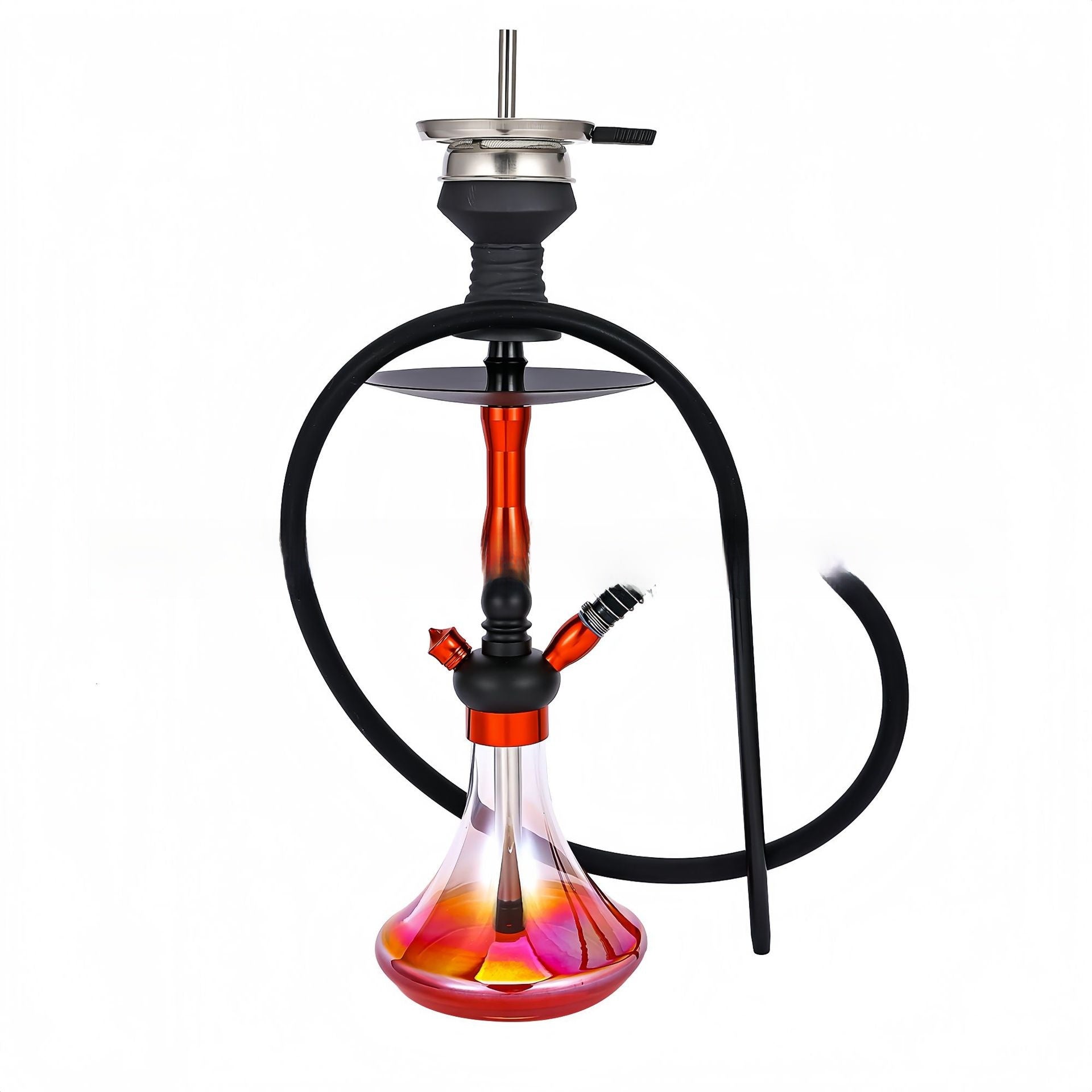 Red glass hookah water pipe shown fully assembled with metal stem and hose
