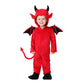 Child in the red plush devil jumpsuit with horns, black wings and tail, front view