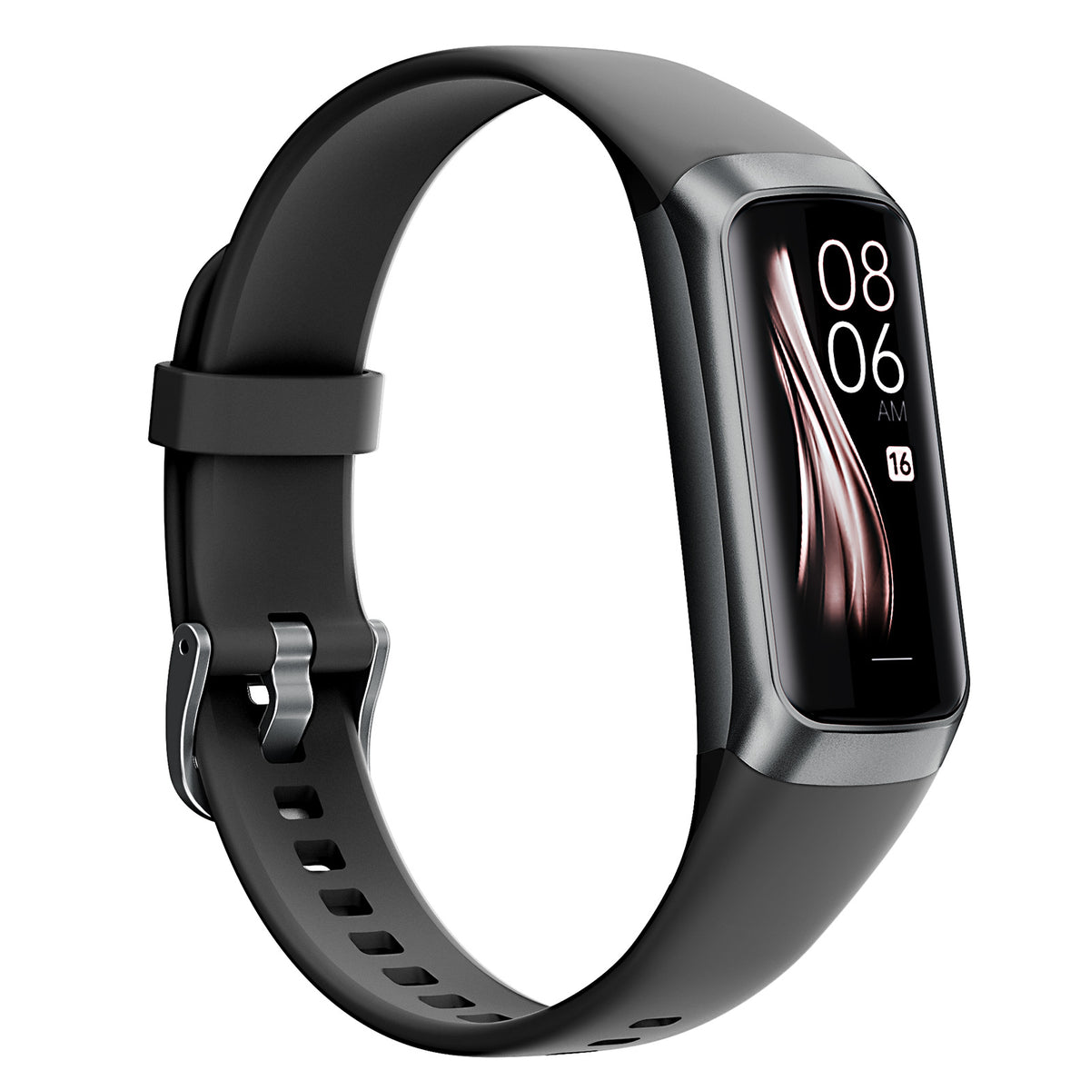 Black smart bracelet with a dark gray case and a touchscreen showing the time 08:06