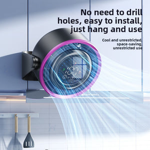 Circular desk fan wall mounted with no drilling above a kitchen counter blowing a cool breeze