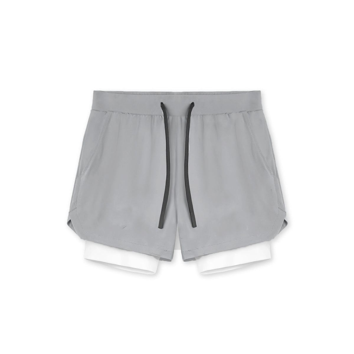 Two in one training shorts in light gray shown flat with the inner liner, front flat lay