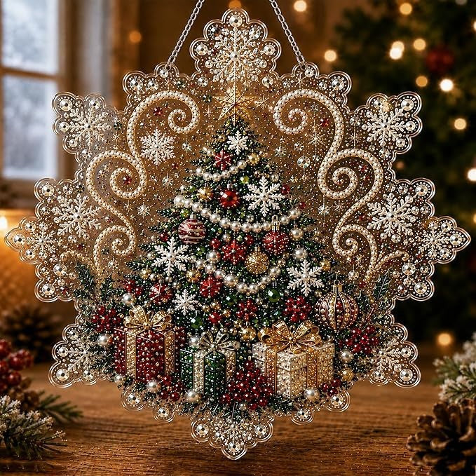 Close up of acrylic rhinestones set into a Christmas door hanger design
