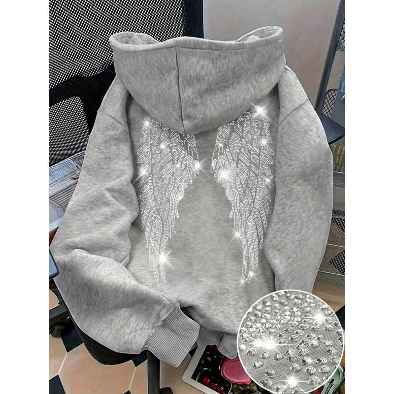 Light Gray pullover hoodie with rhinestone wings on the back and a stone close-up, option photo for Light Gray XS