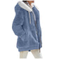 Women's loose plush hooded zip jacket with a contrast lined drawstring hood and two zip pockets