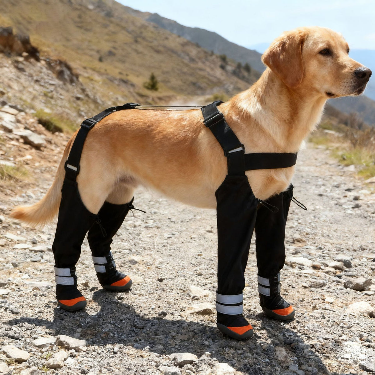 Golden dog on a rocky trail wearing black leg boots with reflective strips and suspender straps
