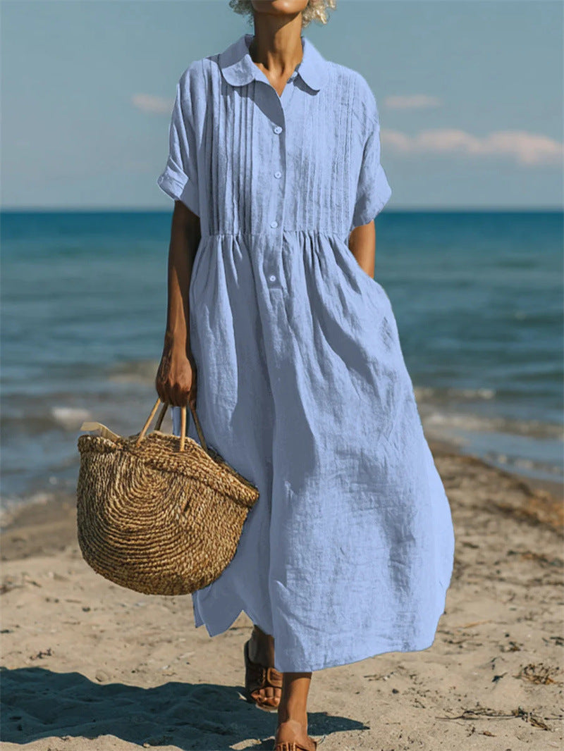 Short-sleeve cotton linen dress shown with packaging overview