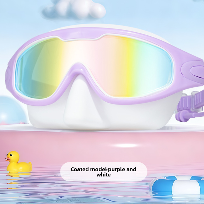 Large frame swimming goggles with a mirror electroplated lens shown at a pool
