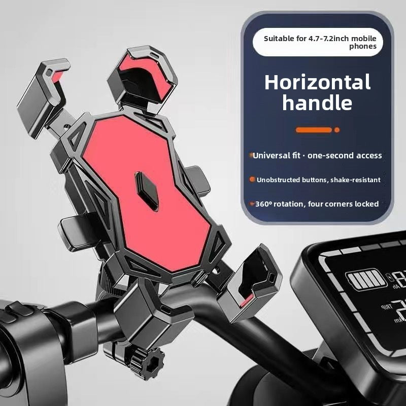 Red handlebar phone mount with the cradle turned, four arms closed on an empty frame