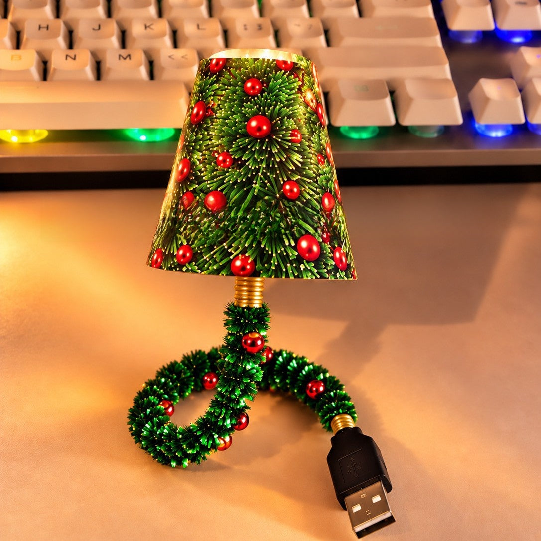 New Christmas Tree design: green shade with red baubles on a looped tinsel stem and USB plug beside a keyboard