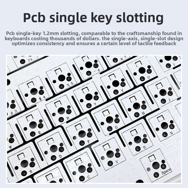 F99 keyboard PCB showing single-key 1.2mm slotting and RGB LEDs