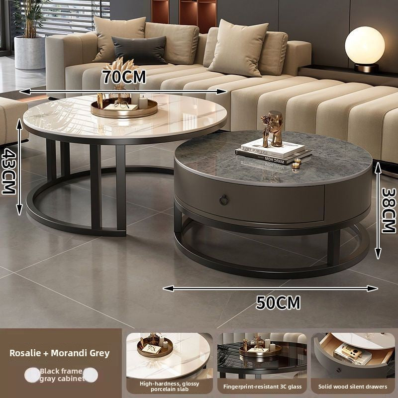 60x80cm option photo: nesting tables, black frame, gray cabinet, gray small top and white large top, labeled 70 and 50 CM
