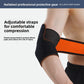 Black elbow wrap with a wide hook and loop strap being wrapped around the arm