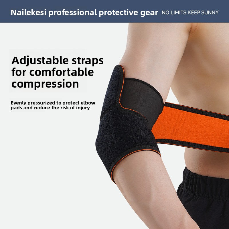 Black elbow wrap with a wide hook and loop strap being wrapped around the arm