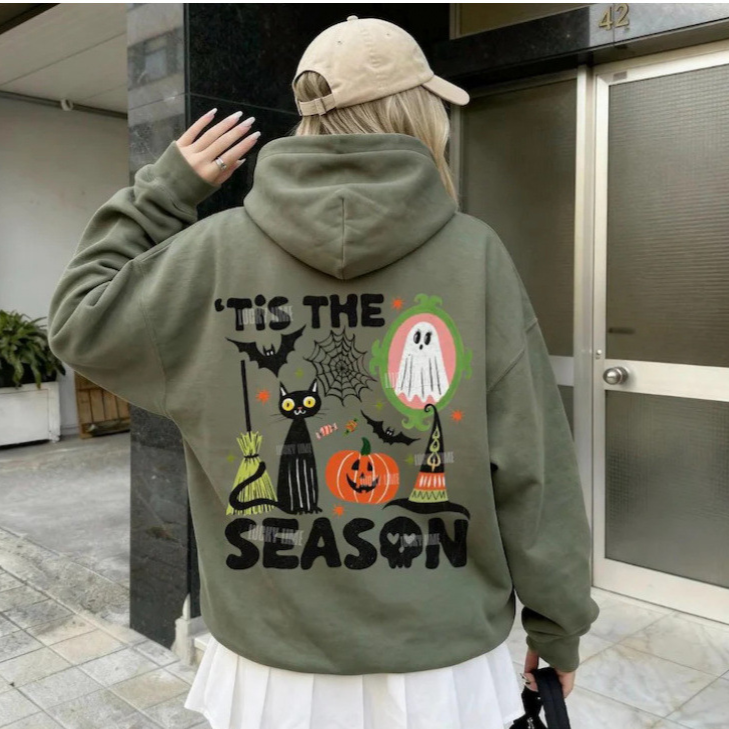 Olive green version of the Halloween back print hoodie, a gallery color that is not among the color options