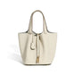 Wide feature view of the leather bucket tote bag full body