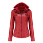 Red PU leather jacket with detachable hood, size XXL option