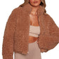 Camel teddy fleece jacket worn open with a cropped loose fit