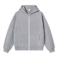 Heather grey zip-up hoodie with light contrast stitching on the raglan seams and ribbed hem, size M option