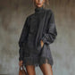 Suede fringe hem detail on oversized vegan suede mock neck tunic mini dress