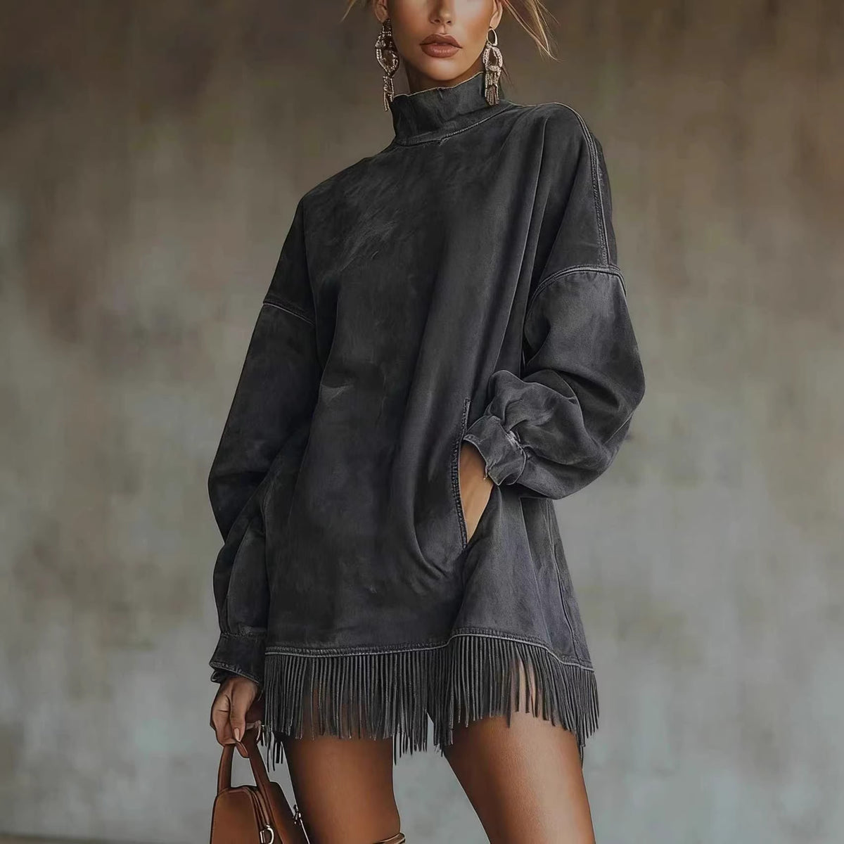 Suede fringe hem detail on oversized vegan suede mock neck tunic mini dress