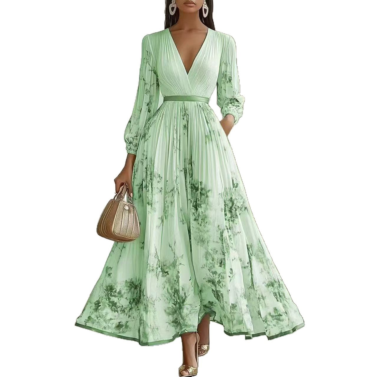 Floral pleated maxi dress high defined waist with tie waistband detail view