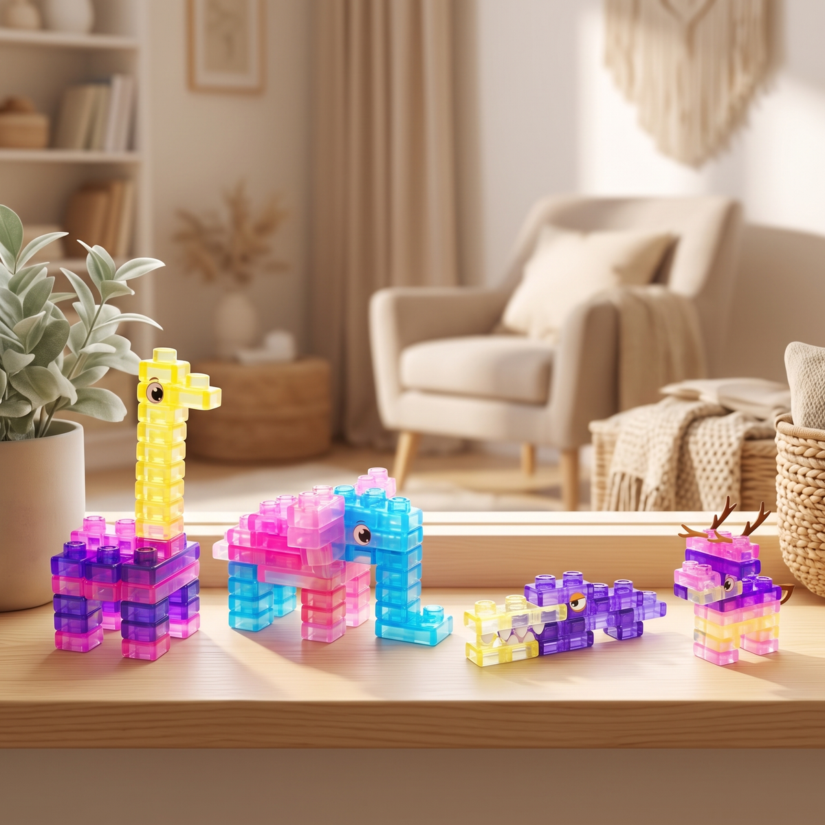 Lineup of built jelly block animals on a sunny windowsill