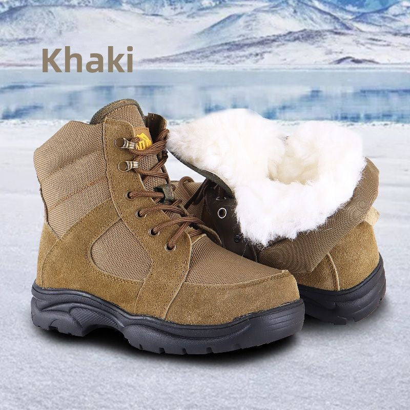 Khaki suede winter boots with cream wool lining and front laces, snowy mountain scene