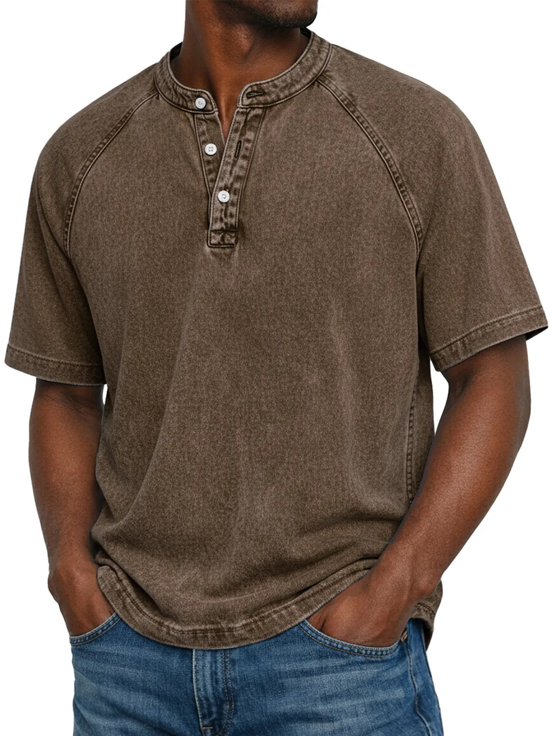 Washed denim henley band collar and placket shown up close