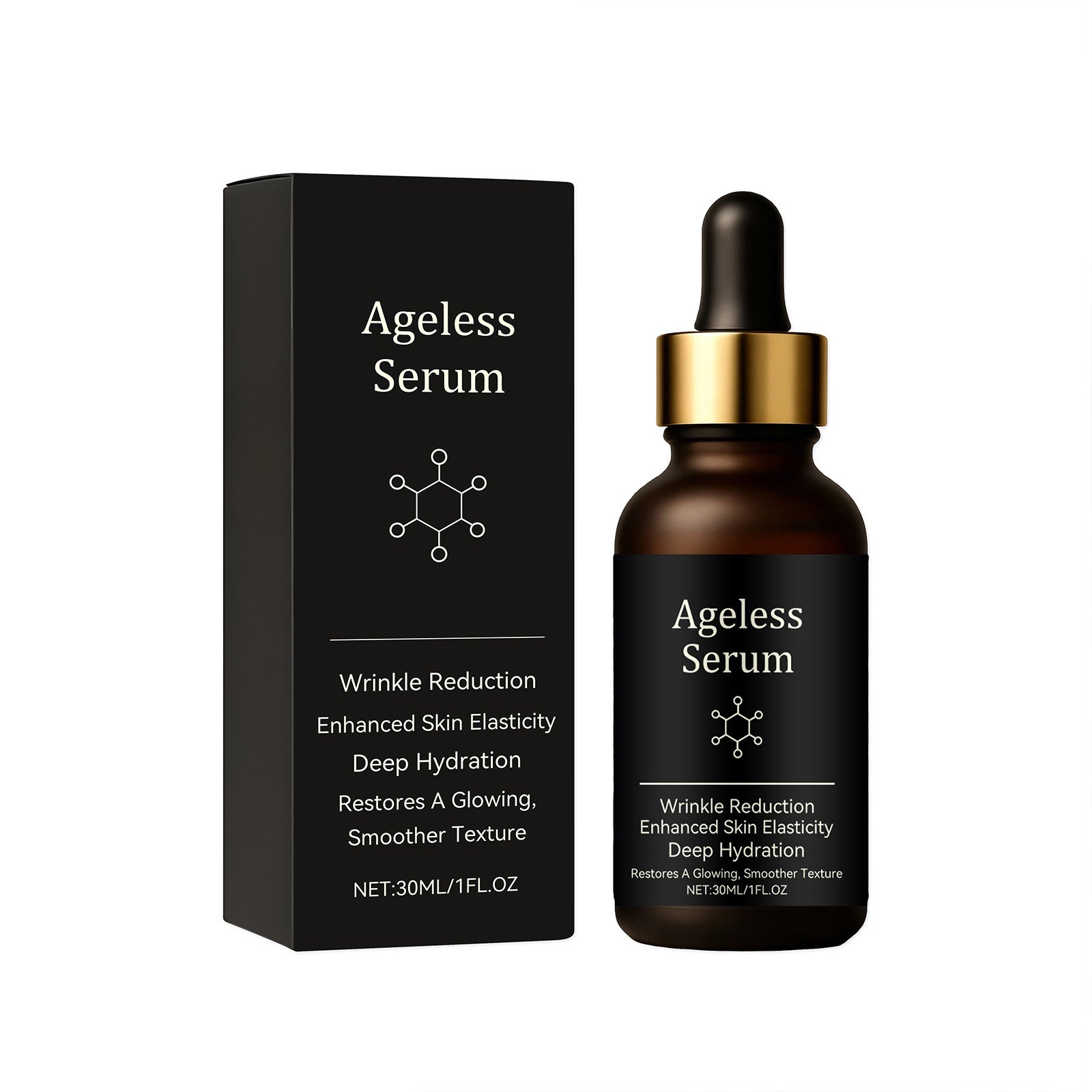 Amber glass facial serum dropper bottle shown standing with its retail box