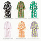 Catalog sheet of six long fleece robes: black flower, striped bear, green wave, pale lilac, orange sunflower and lilac lime