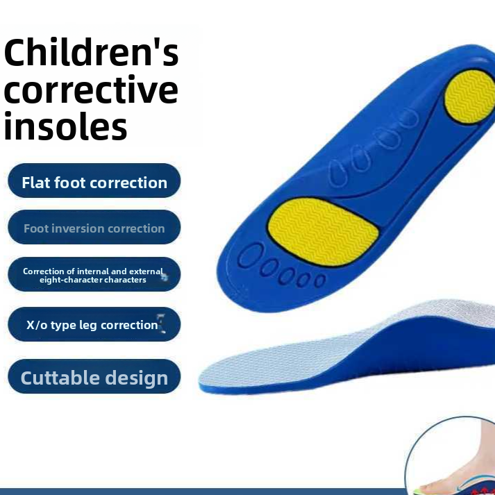 Childrens PU arch support insole with breathable green top, shown with a labelled diagram
