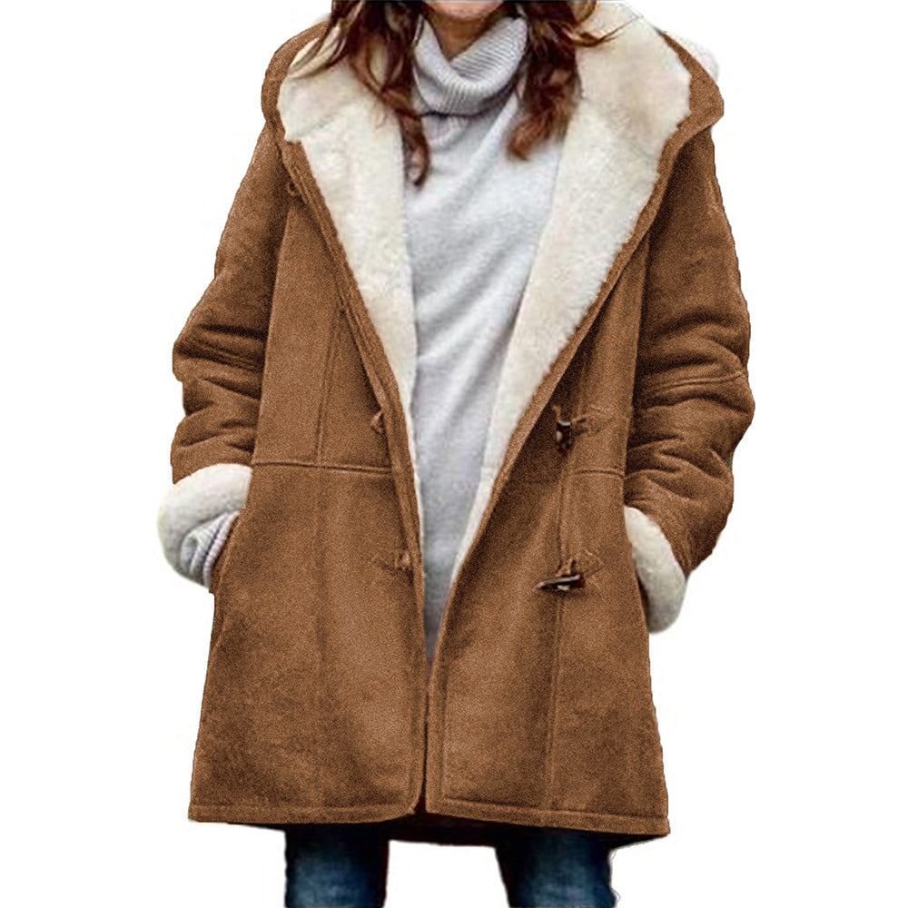 Women's hooded suede toggle coat with white plush lining in Brown