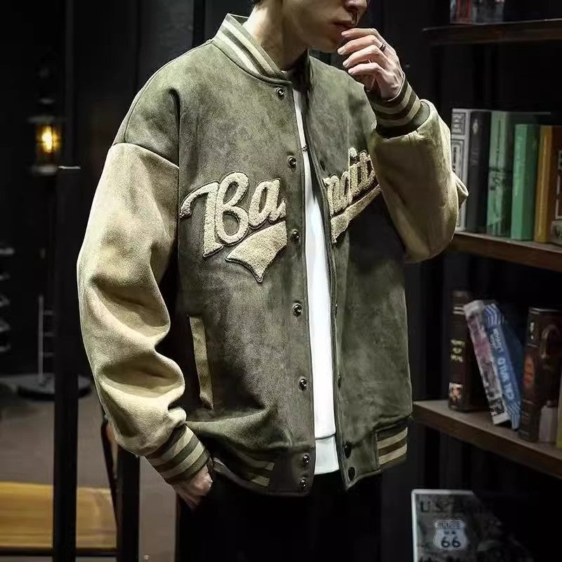 Olive green baseball jacket with beige sleeves, a script word on the chest and striped rib trim, front view
