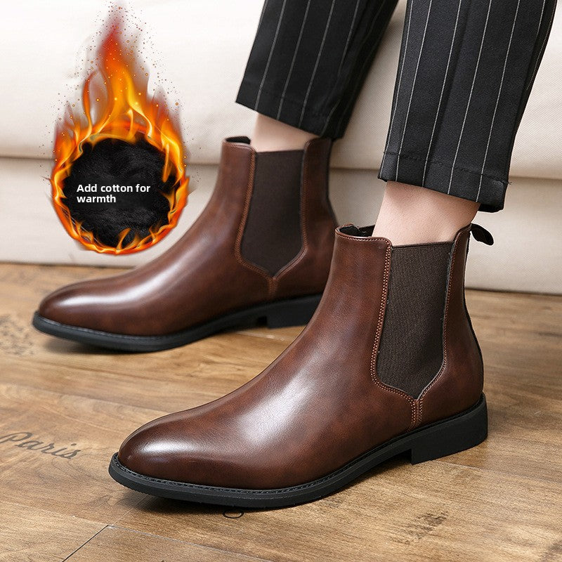 Man in striped trousers wearing brown slip-on Chelsea boots with elastic side panels, flame icon Add cotton for warmth