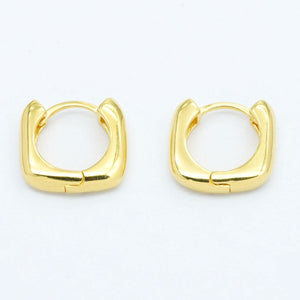 Pair of gold squared huggie hoop earrings with a smooth polished cushion shape